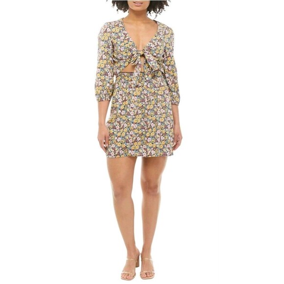 BeBop Dresses & Skirts - Bebop Ditsy Floral Dress XL Yellow/Navy Boho Cutout Midriff Tie Front Mini New